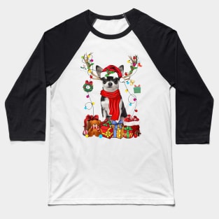 Black Chihuahua Reindeer Santa Christmas Color Lights Baseball T-Shirt